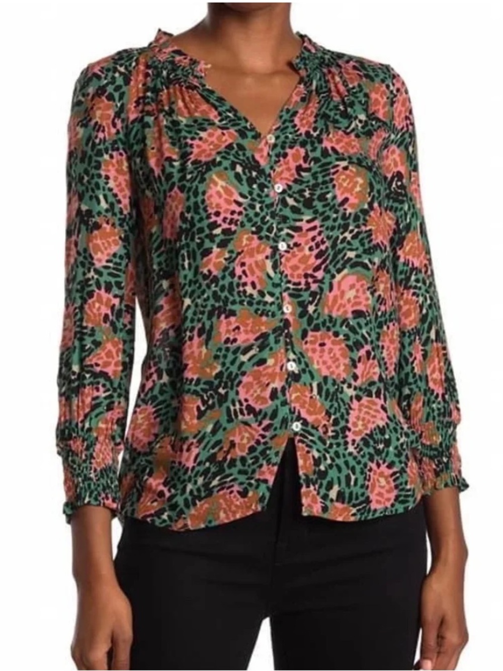 DR2 Green & Coral Floral Button-Down Blouse